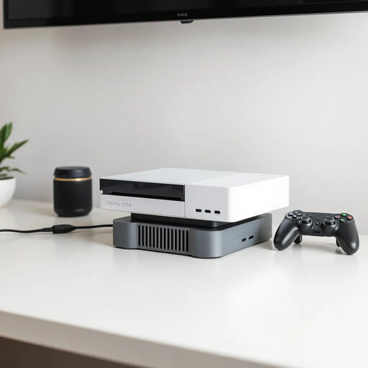 Game console on a desk with a cooling accessory and visible vent airflow for better performance