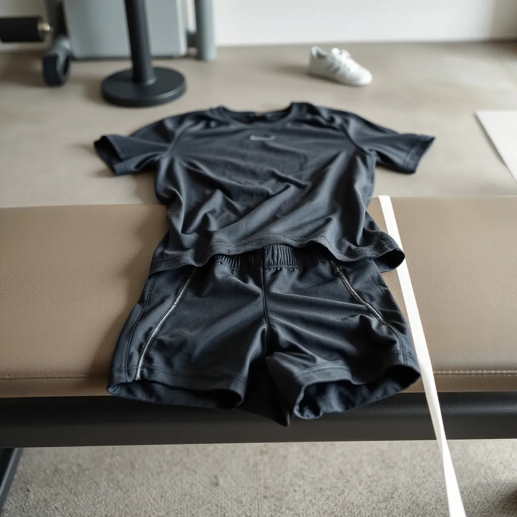Training shirt, shorts, and leggings with reinforced stitching and textured fabric on a gym bench