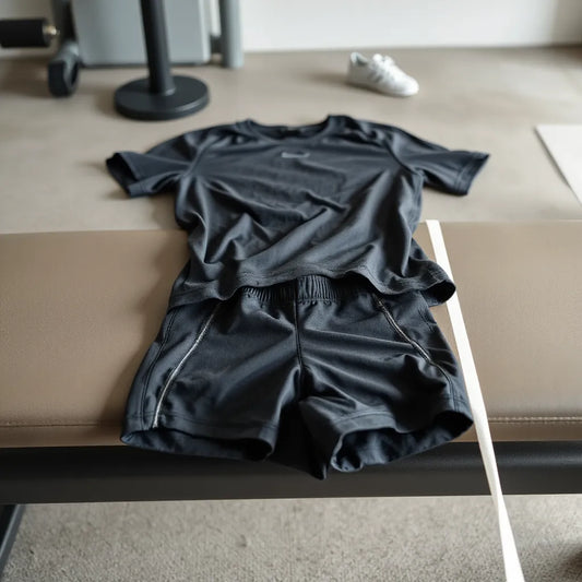 Training shirt, shorts, and leggings with reinforced stitching and textured fabric on a gym bench