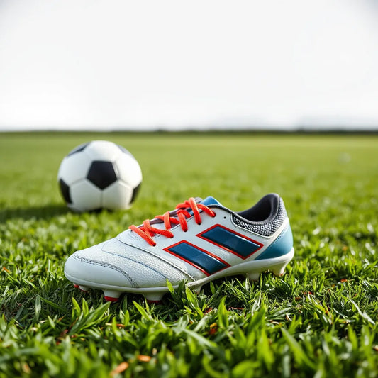 Kids soccer cleats with visible studs on a grass field beside a soccer ball