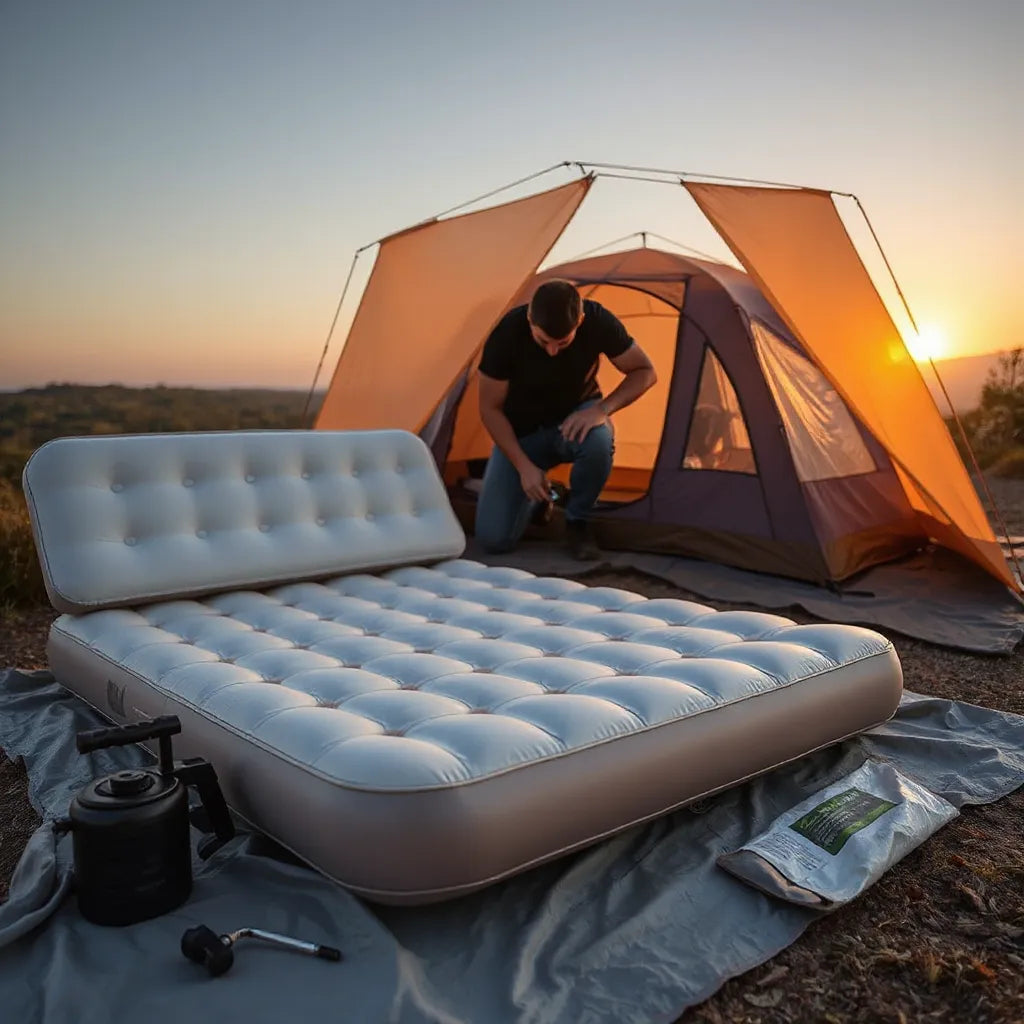 Inflatable sleeping pad being adjusted next to a manual pump during campsite setup