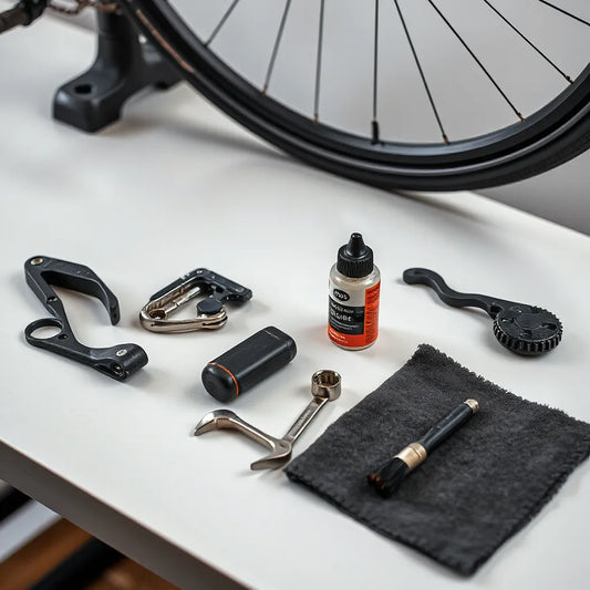 Essential bike repair accessories laid out on a workbench beside a bicycle wheel