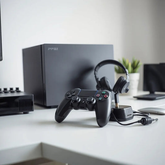 PS5 console with controller and headset on a clean gaming desk setup
