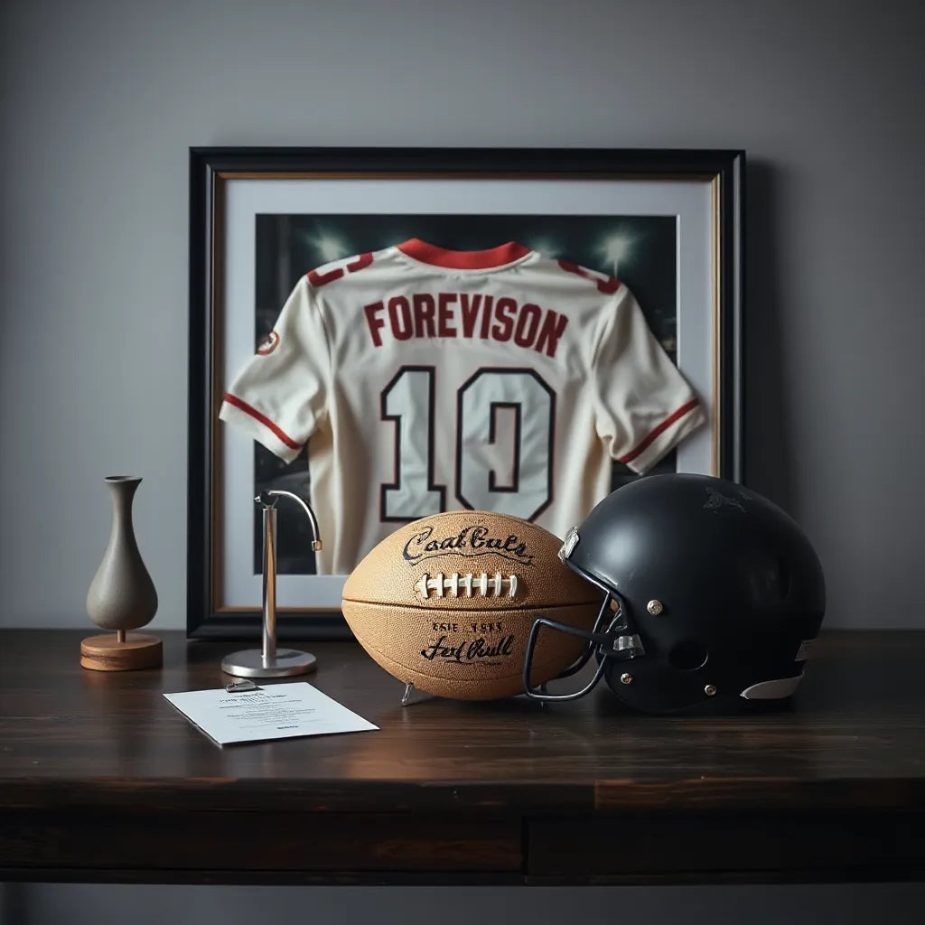 Framed jersey and signed football memorabilia displayed on a wooden table with a football centerpiece