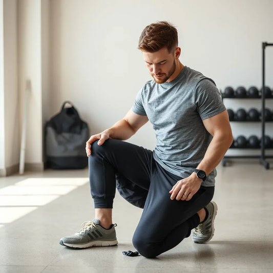 Man in breathable workout sportswear stretching in a clean gym with athletic shoes