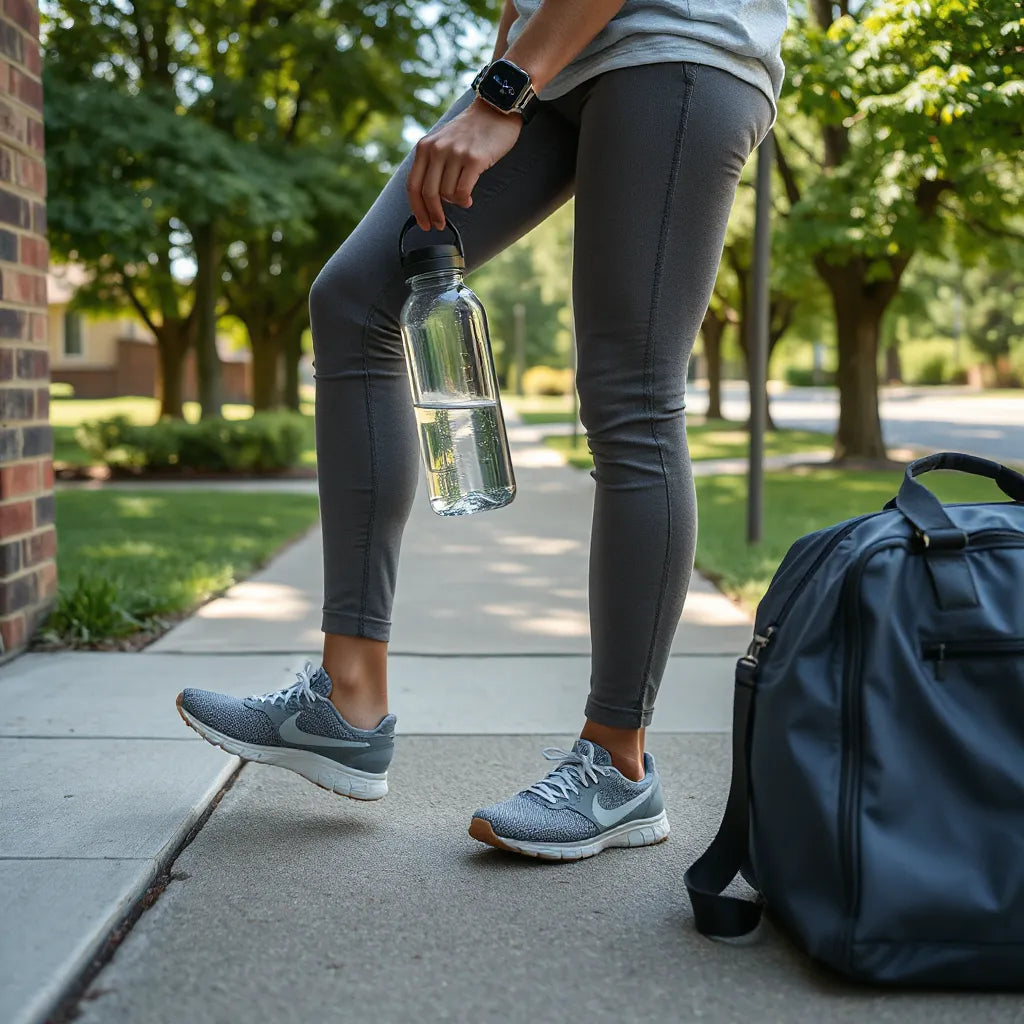 Adult preparing for an outdoor walk with athletic gear and a water bottle in a green neighborhood