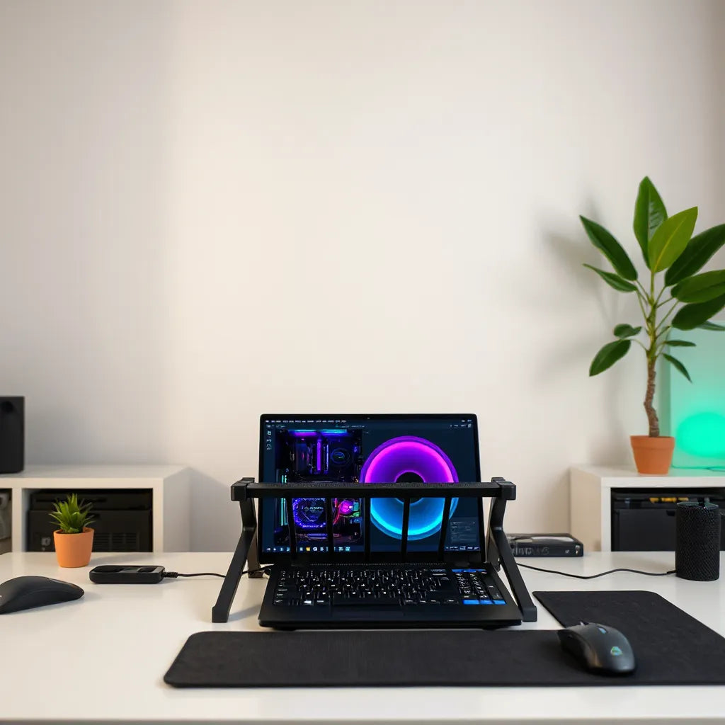 Laptop on a gaming cooling stand with raised airflow design on a clean desk