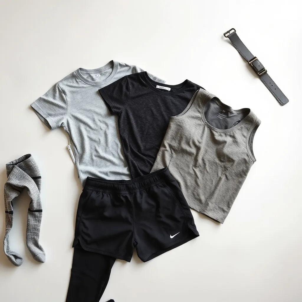 Moisture-wicking sports tops and training bottoms with visible fabric texture and seams on a studio surface