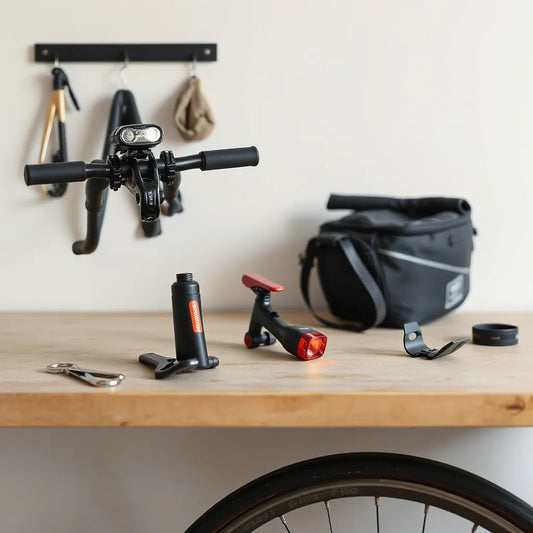 Bike handlebar with lights and tools on a workbench for safer, smoother cycling