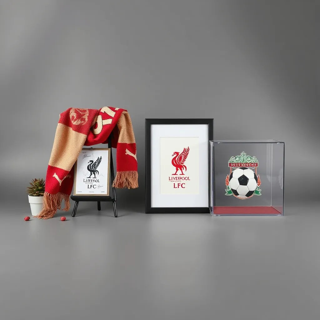 Neatly displayed football memorabilia including a scarf, framed retro print, and protected signed card on a dark background