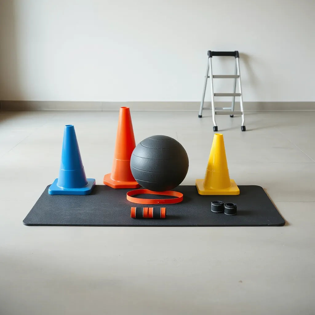 Neatly organized sports training gear essentials including cones, agility ladder, resistance band, and training ball