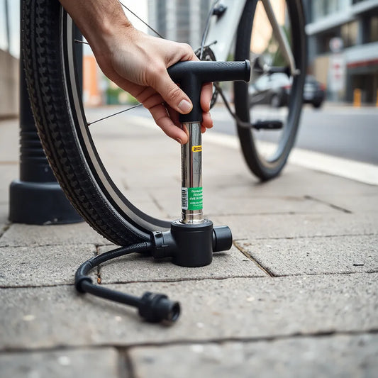 Compact portable bike pump beside a bicycle wheel in daylight, with a hand gripping the pump handle
