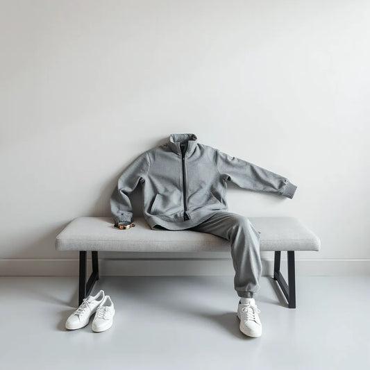 Men’s athletic leisure fitness suit neatly laid out with matching joggers, sneakers, and a sports watch