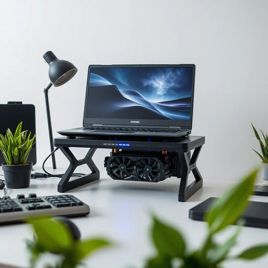 Gaming laptop on a ventilated cooling stand with fans and airflow vents on a clean desk