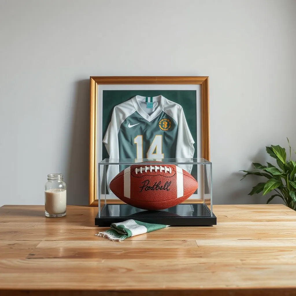 Framed football jersey, signed football display, and scarf arranged on a wooden table