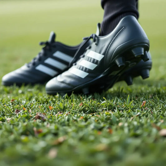 Pair of football soccer boots on a grass pitch with visible studs and laces