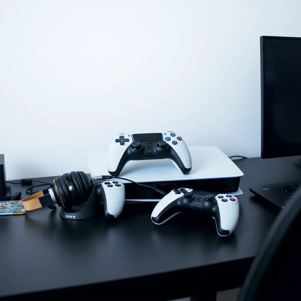 PS5 gaming setup with controller dock, headset, and ergonomic controller accessories on a desk