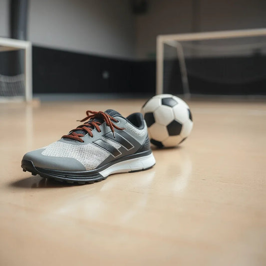 Soccer training shoes with visible outsole traction, resting near a blurred soccer ball on a training floor