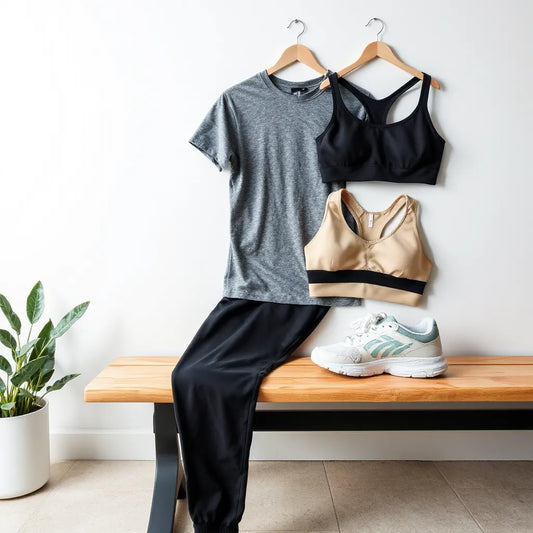 Breathable gym outfit set with leggings, top, sports bra, and sneakers arranged on a bench