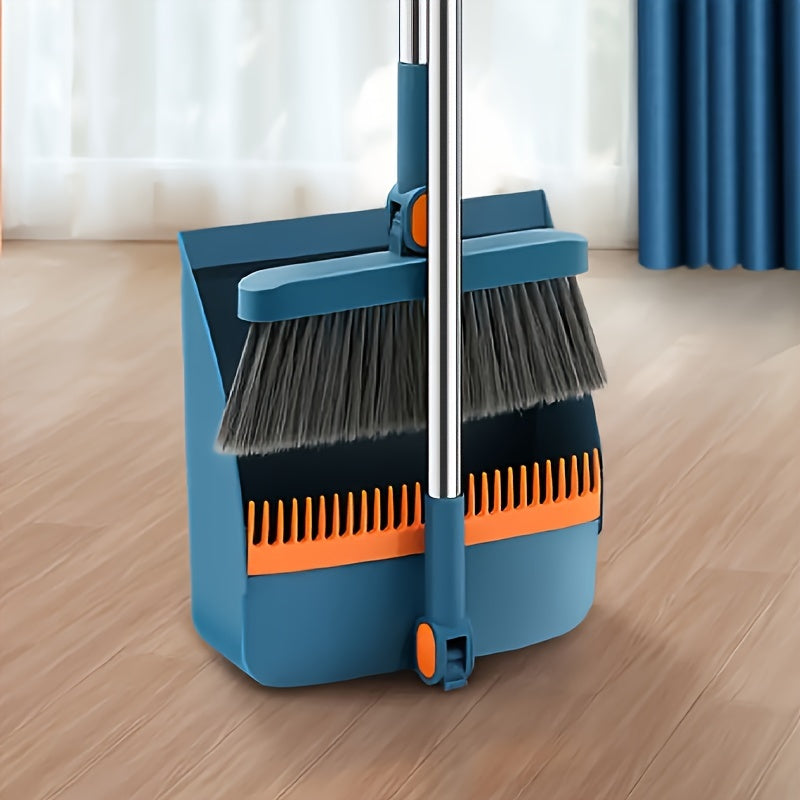 Image of Temu Multi-Surface Rotatable Broom and Dustpan Set: A multi-surface cleaning kit featuring a rotatable broom with a long ergonomic handle and a dustpan with a built-in debris-comb. Ideal for indoor and outdoor use, providing easy-sweep cleaning on various surfaces.