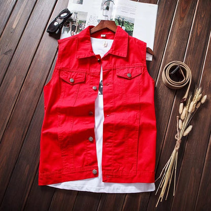 Red Korean Style Sleeveless Waistcoat Slim Fit Casual Denim Vest