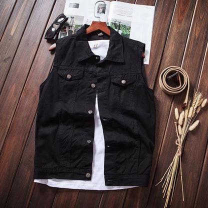 Black Color Korean Style Sleeveless Waistcoat Slim Fit Casual Denim Vest