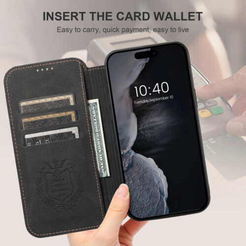 iPhone 15 16 Pro Max 14 13 Magnetic Safe Leather Wallet Flip Stand Mobile Case