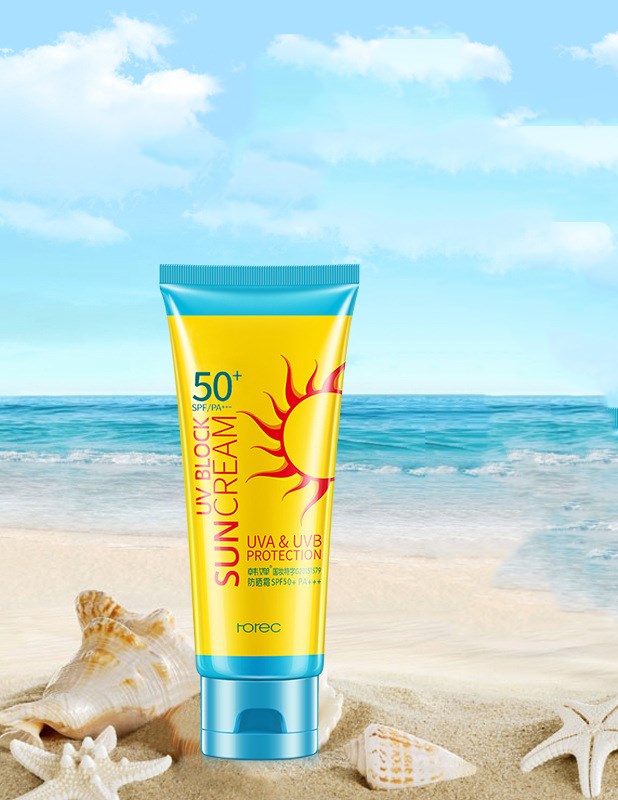 A tube of high SPF Sunscreen milk Moisturizing from SammySK Football stands on a sunny beach with clear skies, ready to protect against UVA and UVB rays.