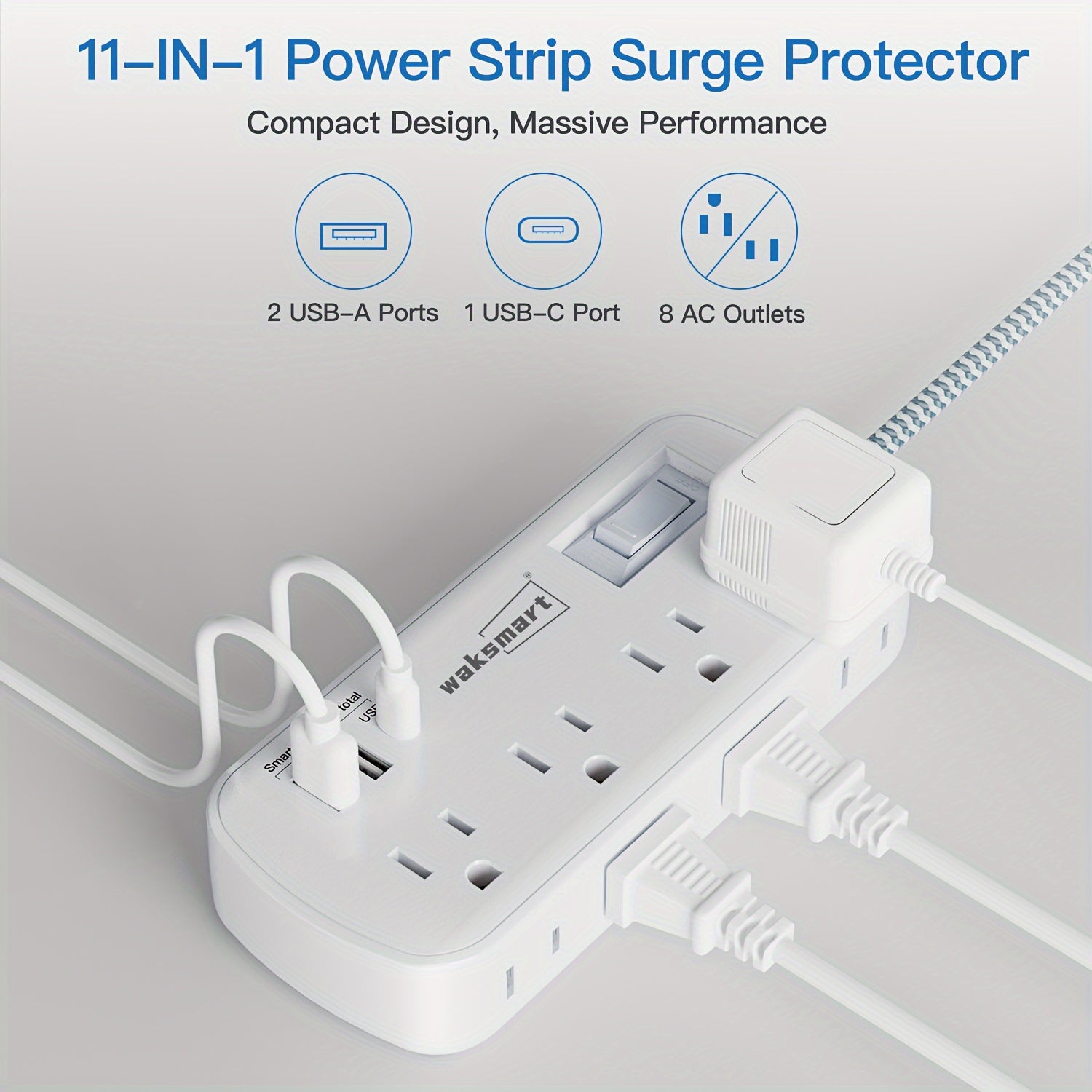 Image of Temu.com's 8-Outlet Surge Protector with USB-C: A sleek, wall-mountable surge protector with 8 outlets and a USB-C port, ideal for offices and dorm rooms.