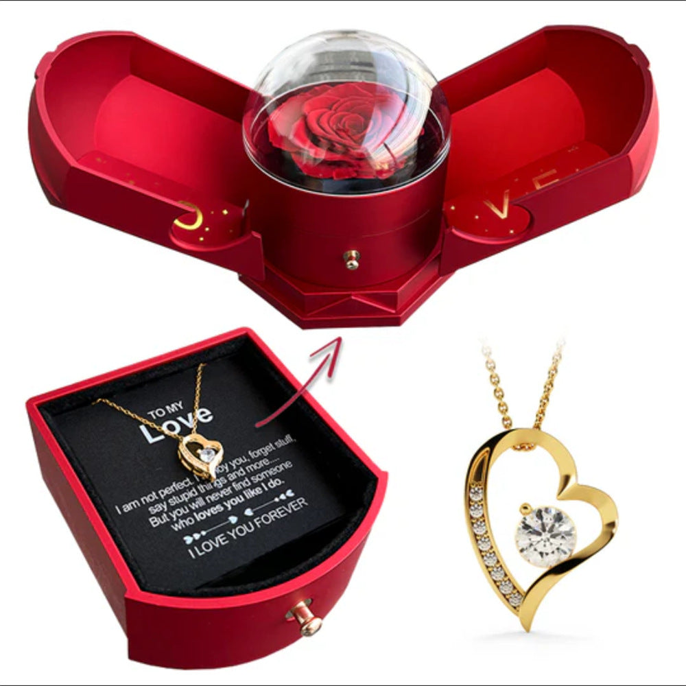 Valentine's Day Necklace Gift Box - Double Open Rose Design with Angel Wings