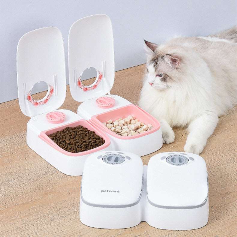 Pet Automatic Timing Feeder - Full Double Meal Feeder/Light Gray - Cat Feeding Solution Puppy