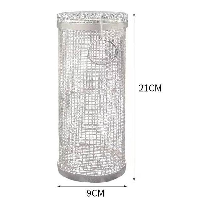 USAdrop stainless steel cylindrical mesh pencil holder with dimensions labeled, measuring 21cm in height and 9cm in diameter.
