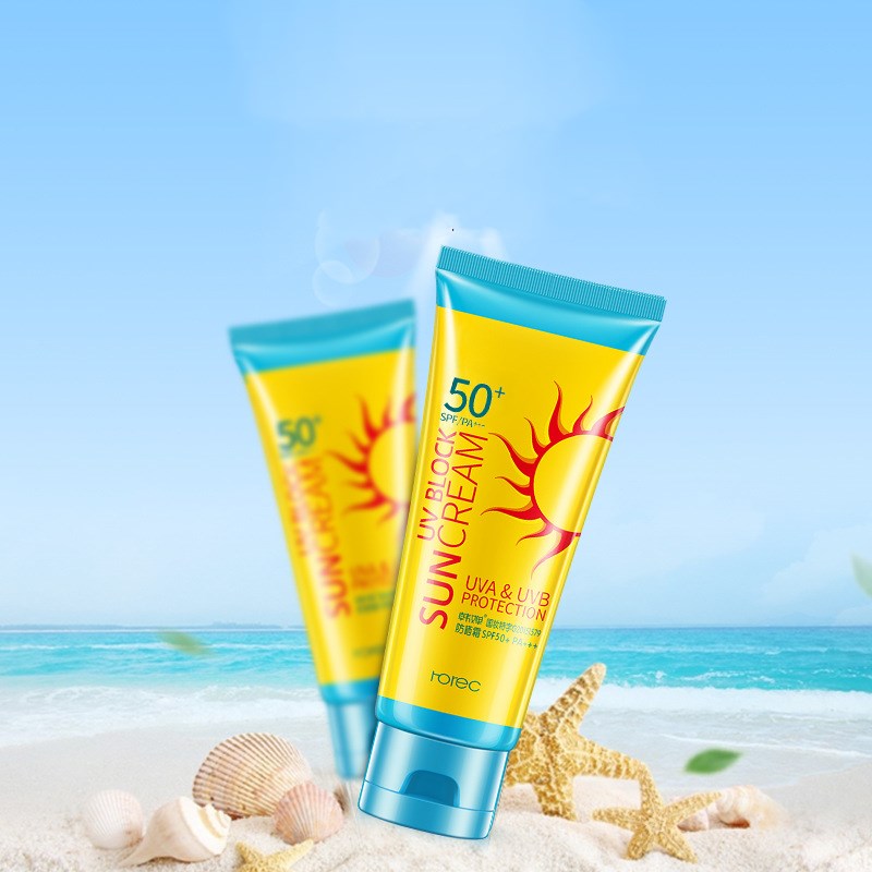 Sunscreen tubes with high SPF coverage displayed against a sunny beach backdrop, symbolizing summer skincare essentials from Sammy's K Football.