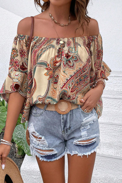 Apricot Paisley Print Shirred Off Shoulder Ruffle Half Sleeve Blouse