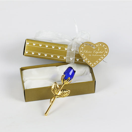 A Valentines Day Gift Crystal Glass Rose presented in an elegant gold gift box with a heart-shaped tag that reads "love crystal, handcrafted with love", ideal as a Valentine's Day gift.