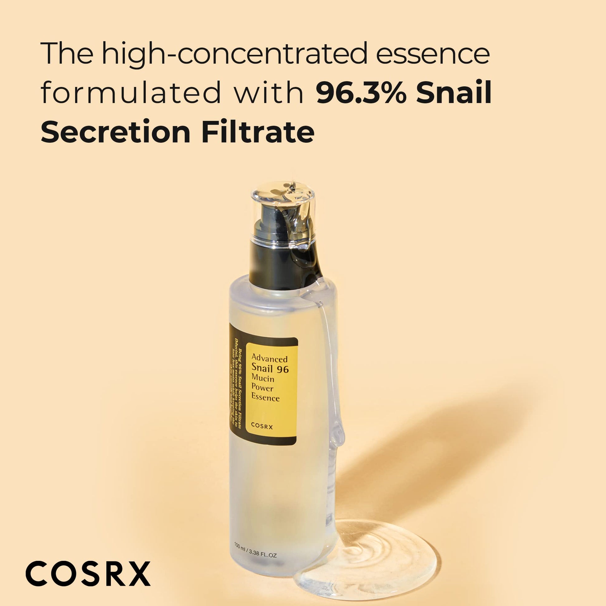 Bottle of COSRX Snail Mucin Essence (96%) - Hydrating Face Serum for Glowing Skin (100ml) - Korean Skincare, Dullness & Fine Lines
