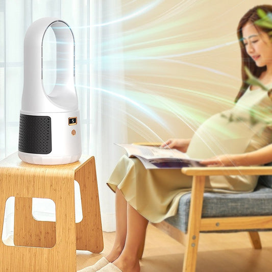 Pregnant Mom sitting beside a Desktop USB Computer Fan in Panda white and black, featuring an electric quantity display, brushless motor, and ABS shell from Sammyskfootball.com