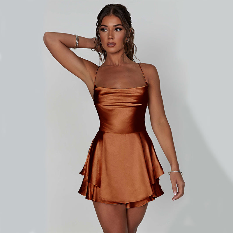 Brown color of  Satin Backless Suspender Dress: Sexy A-Line Mini with Lace-Up Detail