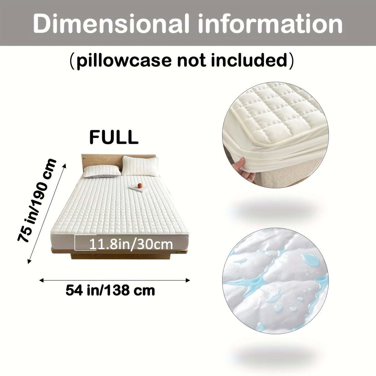 Dimensional information about Waterproof Quilted Deep Pocket Mattress Cover - Soft Comfort, Easy Care, Bedroom and Guest Room Essential