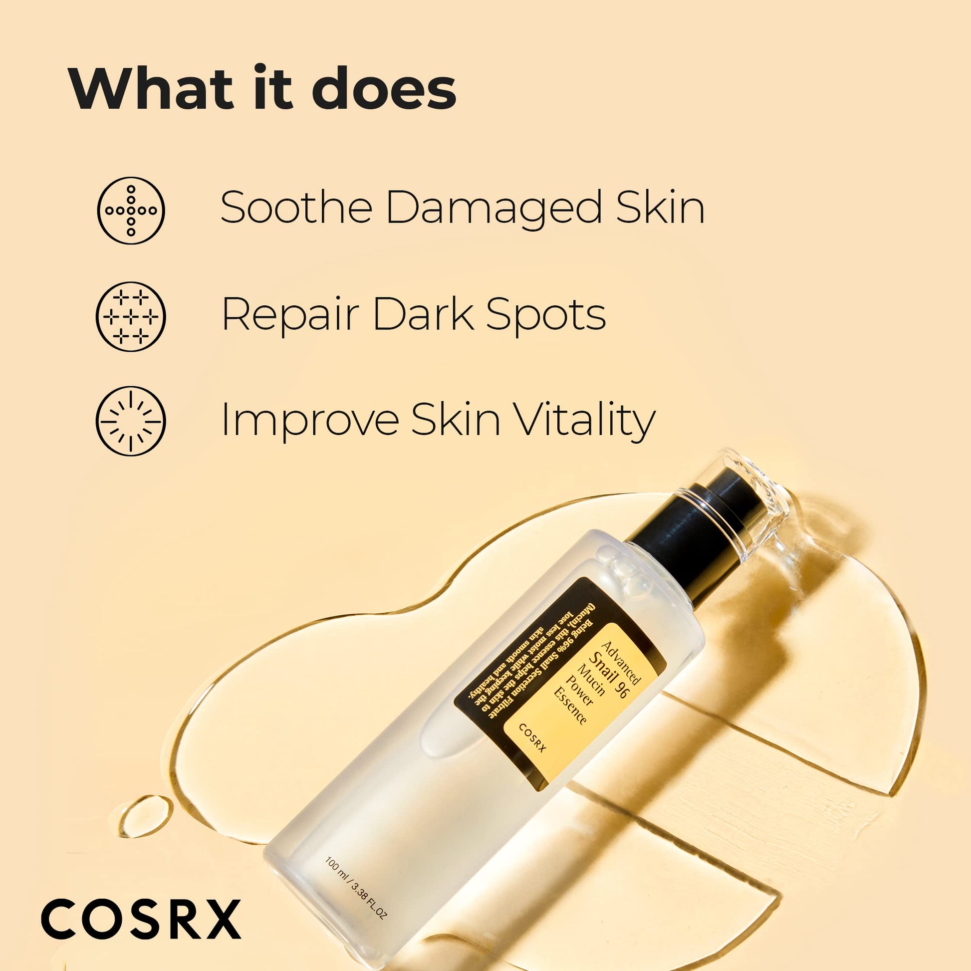 What it does COSRX Snail Mucin Essence (96%) - Hydrating Face Serum for Glowing Skin (100ml) - Korean Skincare, Dullness & Fine Lines