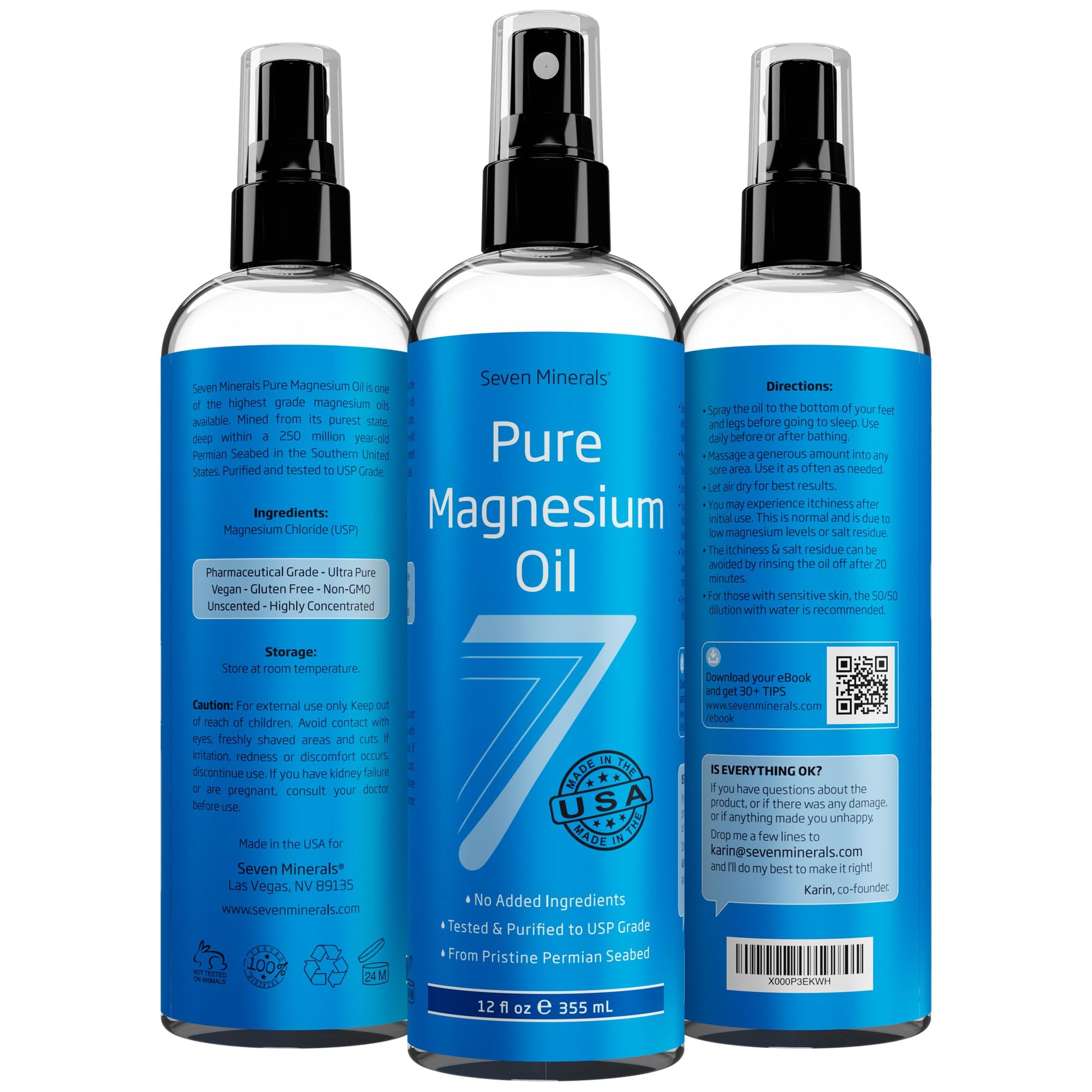 Seven Minerals Pure Magnesium Oil Spray (12 fl oz) - Long-Lasting Relief &amp; Relaxation - USP Grade, No Harsh Minerals - Ancient Zechstein Seabed Source (USA) - Free eBook Included.
