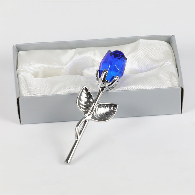 A Valentines Day Gift Crystal Glass Rose Artificial Flower Silver Gold Rod Rose with a blue crystal bud, presented in a gift box with satin lining, perfect as a Valentine's Day gift from Sammy Sk Football.