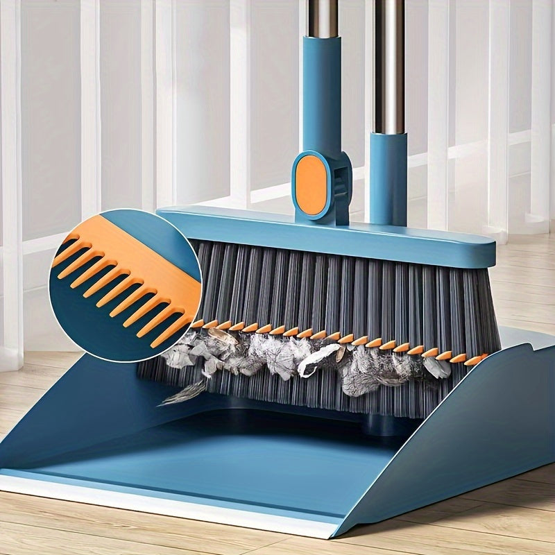 Image of temu.com Multi-Surface Rotatable Broom and Dustpan Set: A multi-surface cleaning kit featuring a rotatable broom with a long ergonomic handle and a dustpan with a built-in debris-comb. Ideal for indoor and outdoor use, providing easy-sweep cleaning on various surfaces.