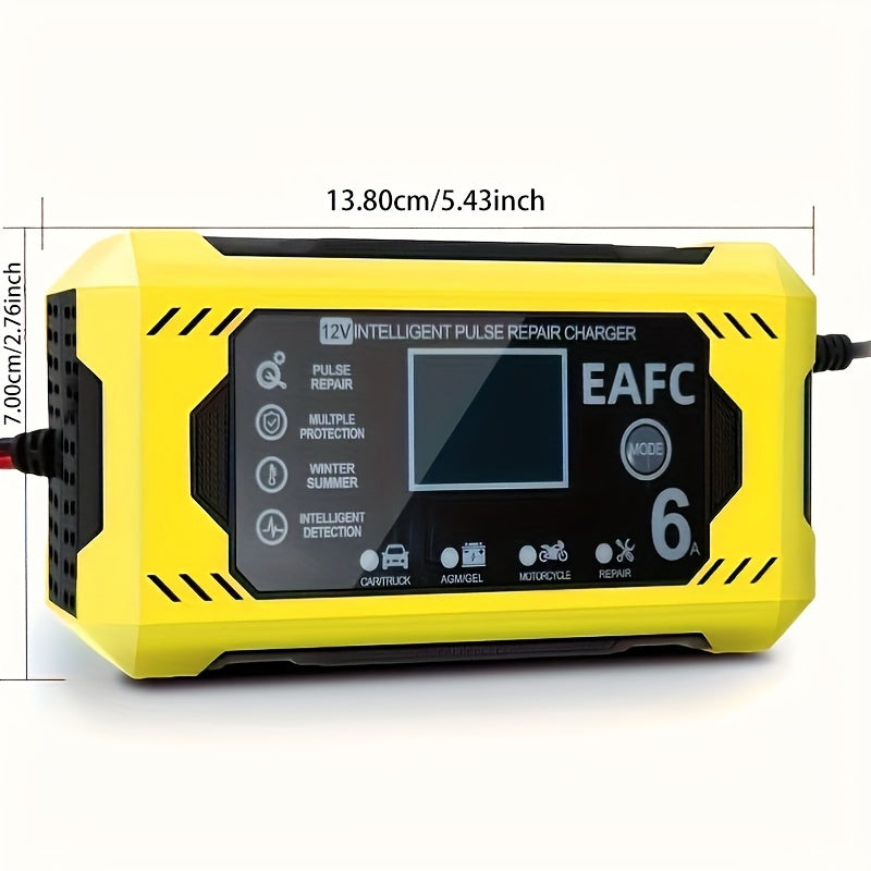 Yellow EAFC Multipurpose Smart Charger: Rapid 12/24V Charge for Cars, Trucks & More, US Plug, Safe & Durable Battery Maintainer
