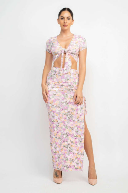 Front Knot Floral Top & Ruched Maxi Skirts Set Trendy Floral Print Flattering Comfort & Style