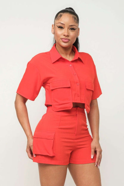 Women's Front Button Down Side Pockets Top and Shorts Set: Elevate Your Casual Wardrobe with Comfort and Style