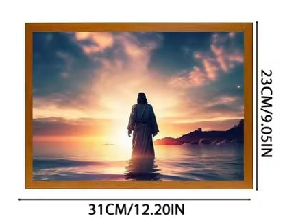 LED light painting of Jesus, featuring a photo frame design, perfect for home decoration, night lighting, Christmas gifts, and room decor with a moon lamp effect.