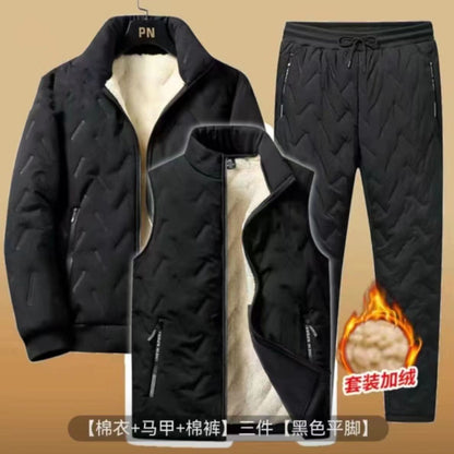 Sports suit Men's Winter fleece-lined Thickened Lamb Fleece Coat Winter Wear for Middle-aged and Elderly Dad's Warm Three-piece Set