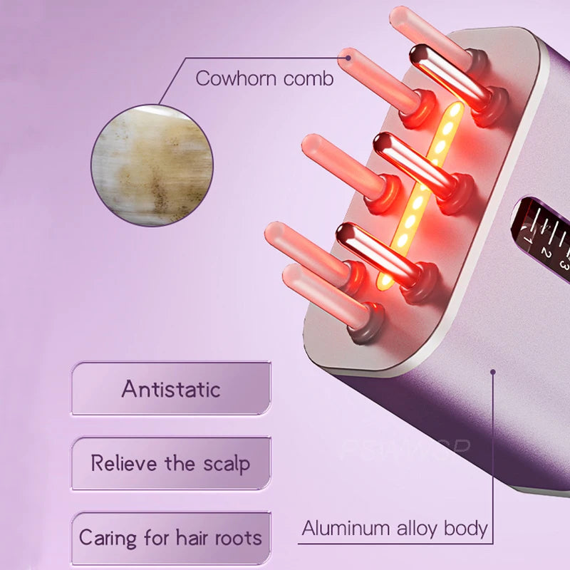 Electric scalp massager with red light therapy, oil applicator comb, and massage function. Portable for convenient hair care.