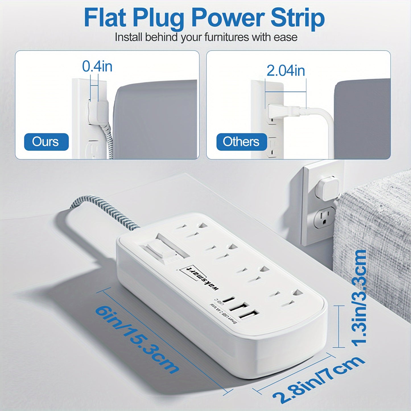 Image of Temu.com's 8-Outlet Surge Protector with USB-C: A sleek, wall-mountable surge protector with 8 outlets and a USB-C port, ideal for offices and dorm rooms.